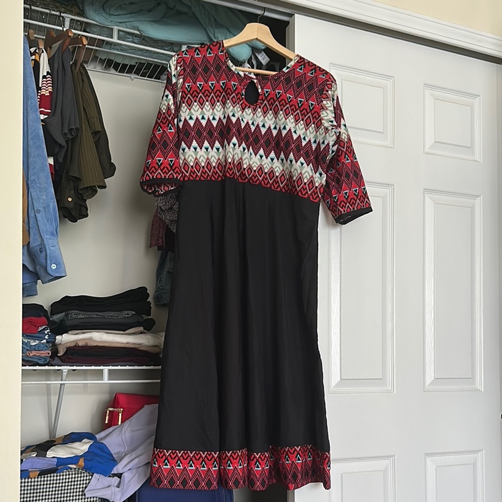 Geometric Patterned Black and Red Dress